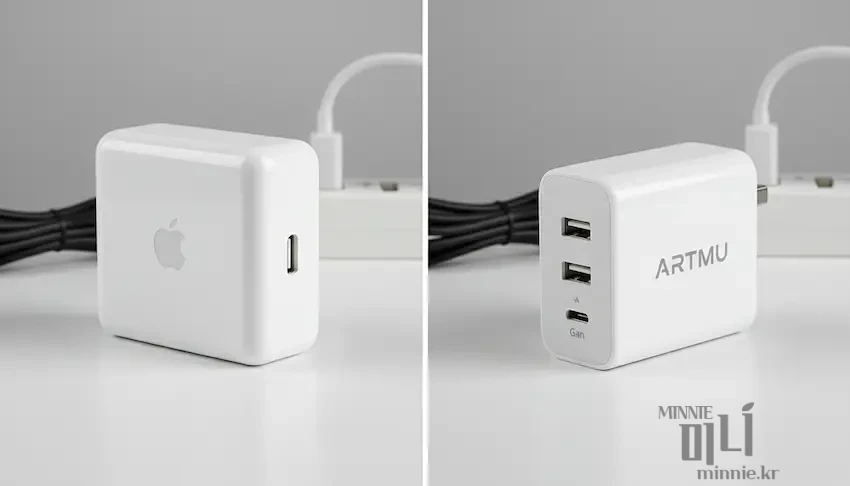 아트뮤 100W 충전기의 3개 포트(USB-C 2개, USB-A 1개)와 안전한 전력 공급을 위한 접지 단자 상세 컷