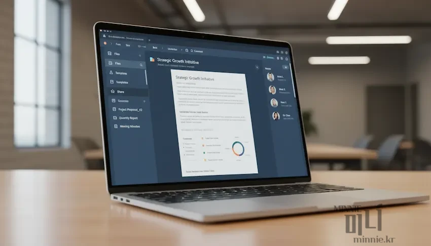 사무실 책상 위 노트북 화면에 띄워진 업무용 PDF 문서와 효율적인 문서 관리 작업 모습