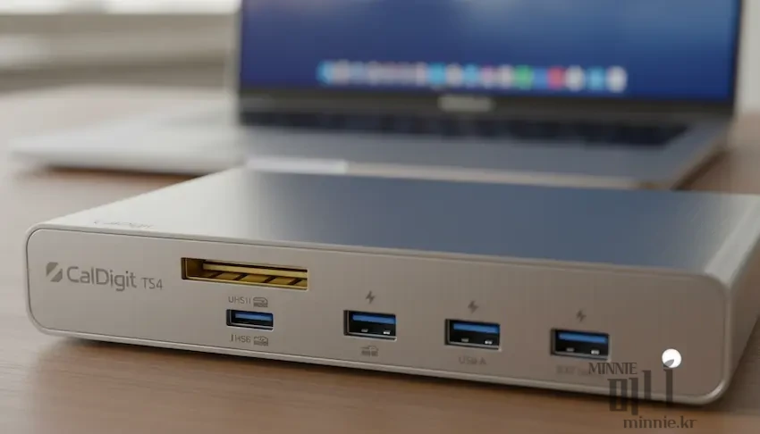 칼디짓 TS4 전면 포트 상세 사진. SD 카드 슬롯, USB-C, USB-A 포트와 맥북 M3 Pro가 배경에 보이는 모습
