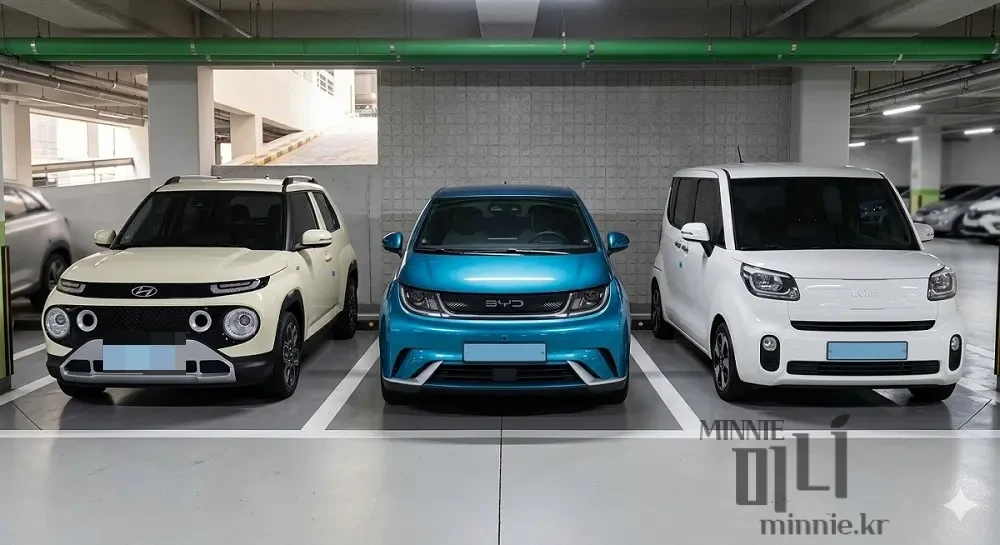 한국 아파트 주차장에서 나란히 서 있는 캐스퍼, 돌핀, 레이 EV의 외관 비교 샷