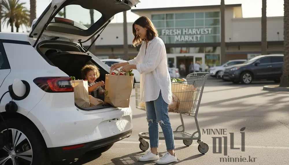 아이와 함께하는 일상 속 세컨카, 전기차의 실용적인 트렁크 수납 및 마트 장보기 라이프스타일