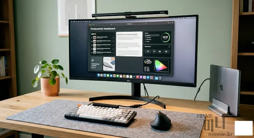 미니멀한 우드 데스크 위에 맥북과 모니터가 깔끔하게 세팅된 미니멀한 데스크테리어 전경. 모니터 스크린바, 펠트 데스크 패드, 수직 거치대, 기계식 키보드, 인체공학 마우스가 조화롭게 배치되어 있음