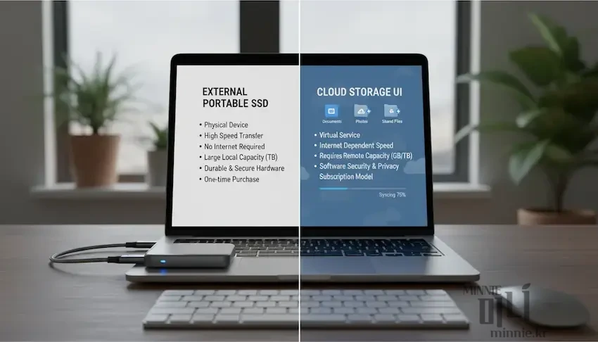 외장 SSD의 물리적 특징과 클라우드 스토리지의 가상 서비스 특징을 한눈에 비교할 수 있도록 정리된 노트북 화면 이미지