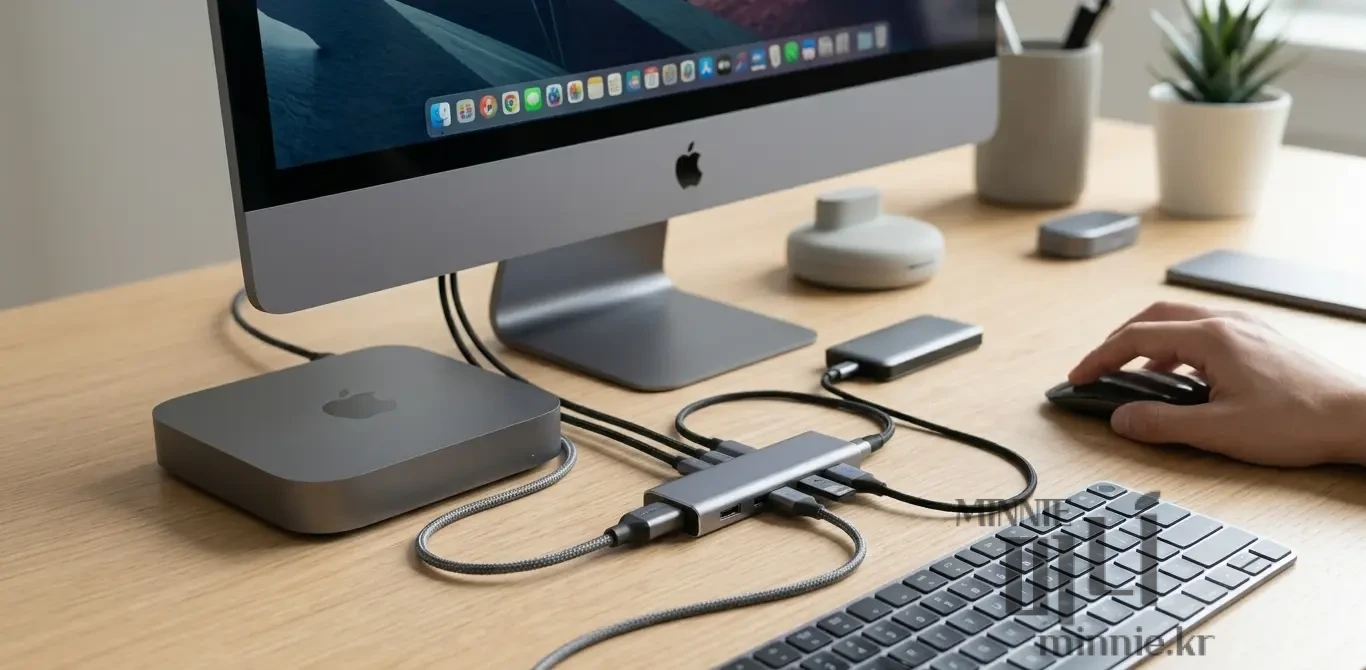 아이맥과 맥미니가 C타입 멀티 허브로 연결된 고성능 애플 데스크셋업 및 허브 포트 활용 모습 가이드 이미지
