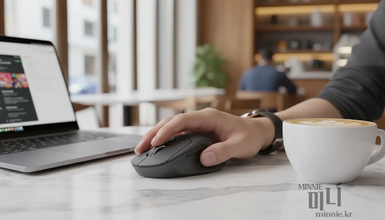 맥북 옆에 놓인 로지텍 MX Anywhere 3S 마우스의 대칭형 디자인과 휠, 버튼 사진