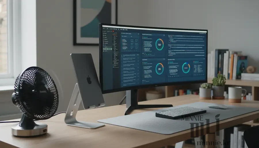맥북 클램쉘 모드 사용 시 발열 관리를 위해 USB 선풍기를 배치한 모습