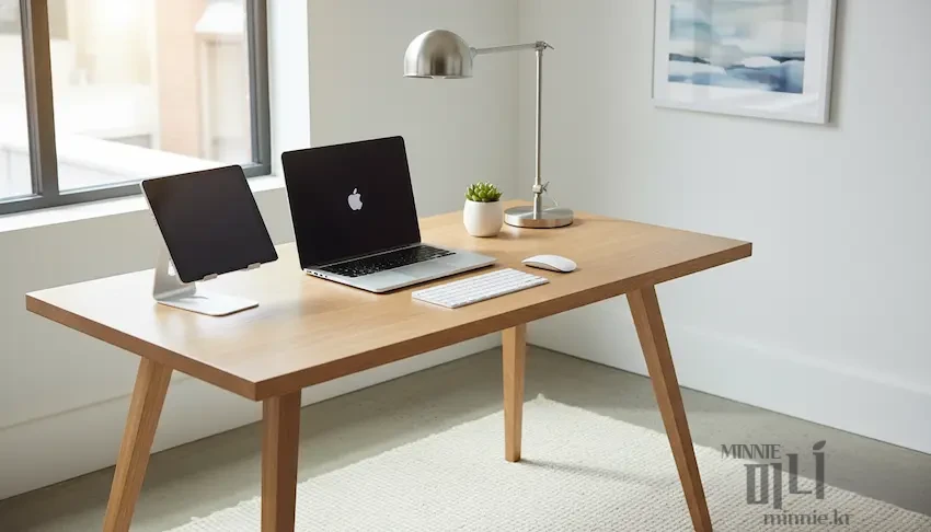 원목 책상 위에 놓인 맥북 프로와 거치대에 연결된 아이패드 듀얼 모니터(사이드카) 형태로 구성된 세련된 홈 오피스 모습. 실버 스탠드 조명과 초록색 화분이 어우러져 있음.