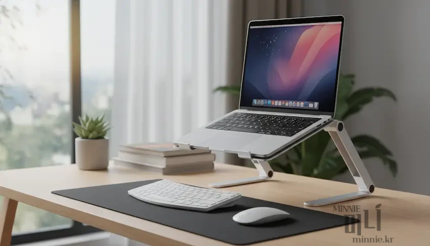 인체공학적 알루미늄 거치대에 올려진 맥북과 그 앞에 놓인 화이트 컬러의 애플 매직 키보드, 매직 마우스. 맥북 화면에는 레티나 디스플레이 전용 배경화면이 켜져 있음.