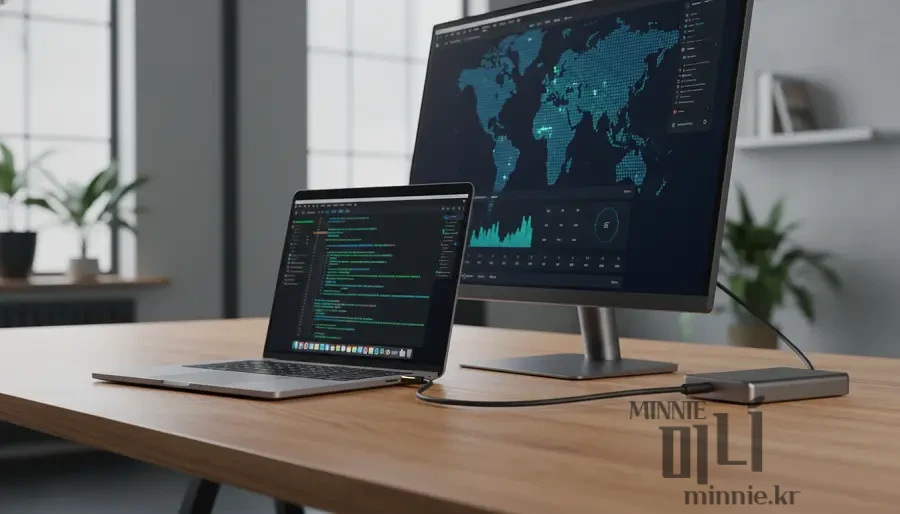 맥북에 외장하드와 모니터를 연결하여 작업하는 데스크테리어 환경