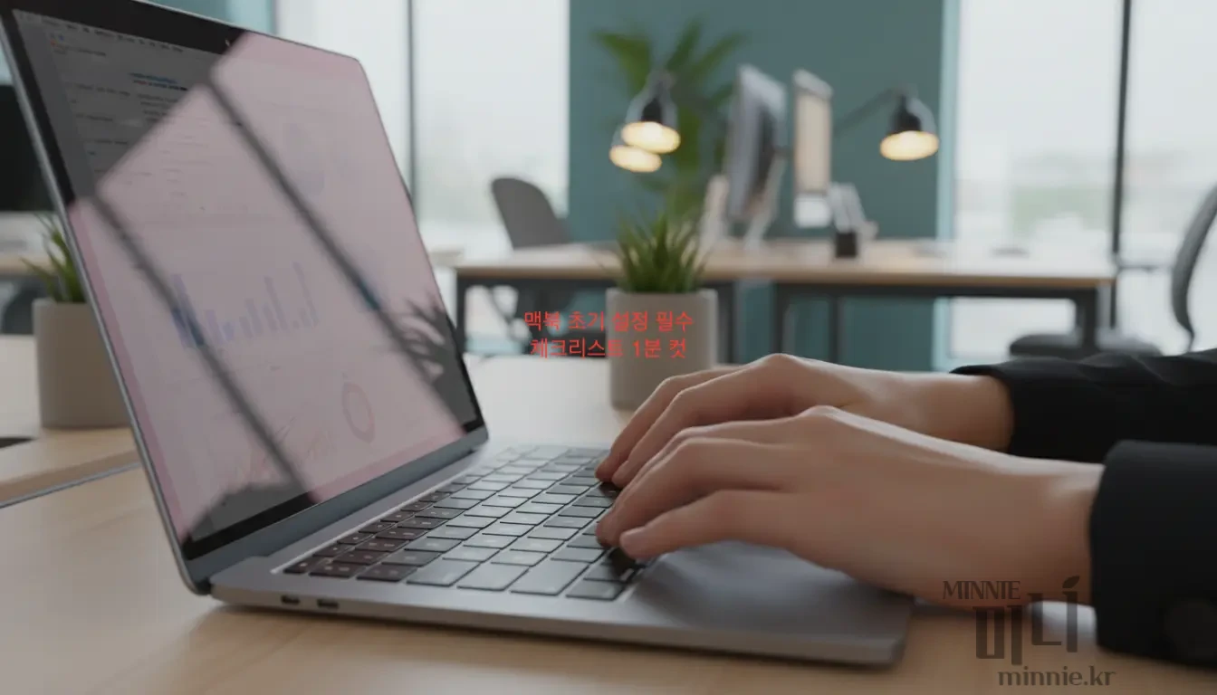 사무실 책상 위에서 맥북을 사용하는 모습과 그 위에 '맥북 초기 설정 필수 체크리스트 1분 컷'이라는 빨간색 글씨가 삽입된 메인 이미지