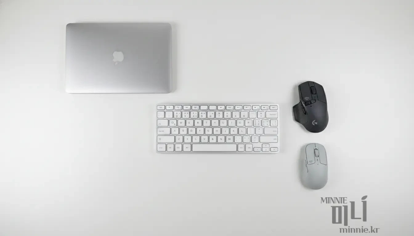 맥북 옆에 놓인 로지텍 MX Master 3S(왼쪽)와 MX Anywhere 3S(오른쪽) 마우스의 크기와 디자인 비교 사진