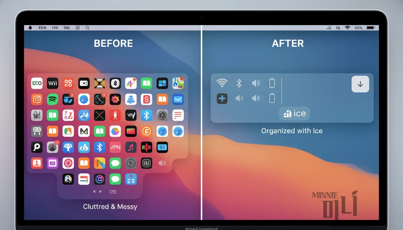 맥북 메뉴바 아이콘이 지저분한 상태(Before)와 Ice 앱으로 깔끔하게 정리된 상태(After) 비교