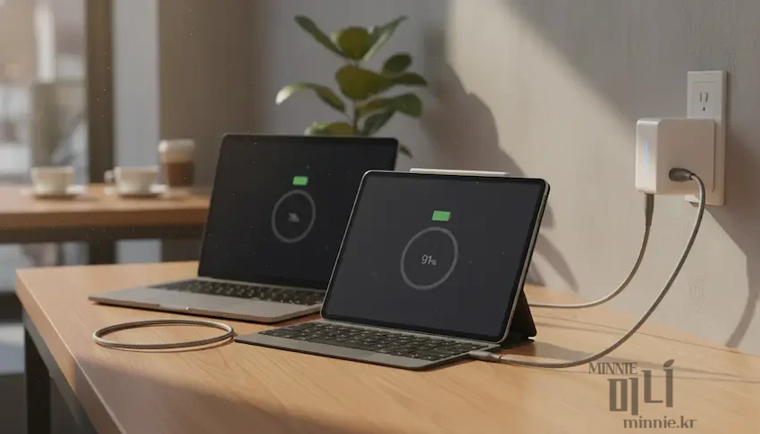 우드 데스크 위에 스페이스 그레이 색상의 맥북 프로와 아이패드 프로가 나란히 놓여 있고, 두 기기 모두 아트뮤 100W GaN 멀티 충전기에 케이블로 연결되어 동시에 충전되고 있는 모습