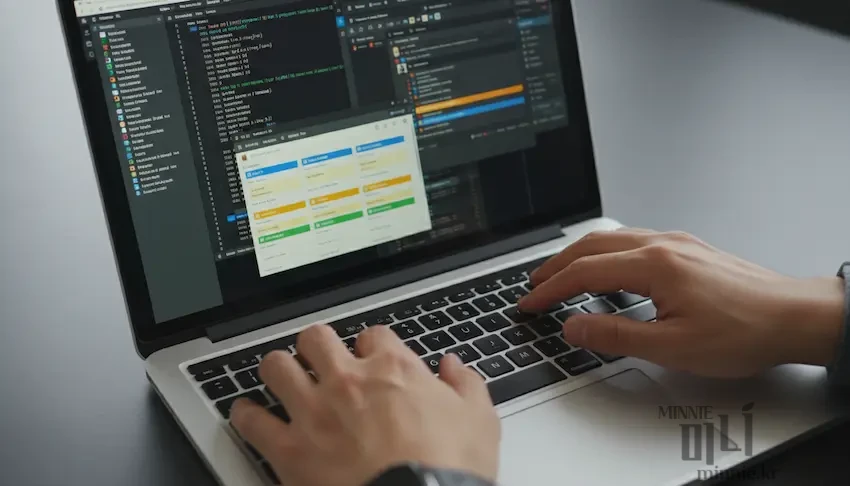 맥북 화면에 앱 윈도우가 활성화된 근접 샷. 스테이지 매니저의 시각적 집중도를 설명함.