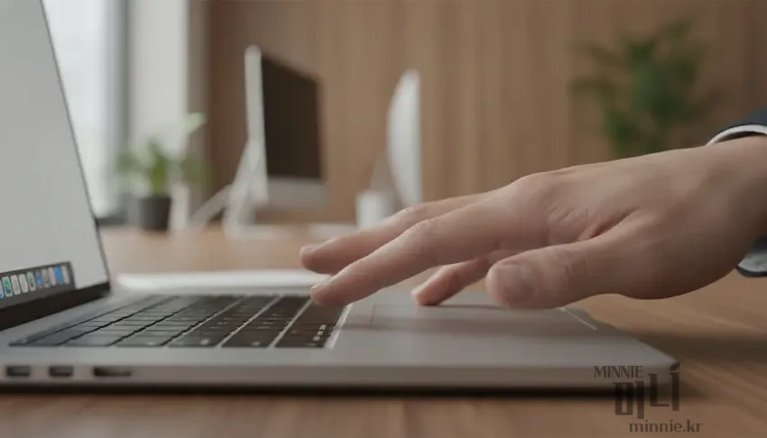 원목 책상 위 맥북 프로 트랙패드 위에 세 손가락을 올려놓고 제스처를 취하는 손의 근접 촬영 모습. 배경에는 아이맥과 화분이 아웃포커싱 되어 있음.