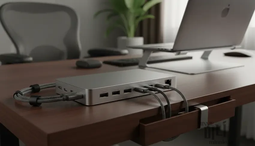 맥북 옆에 놓인 로지텍 마우스와 검은색 데스크 매트. 맥북 화면이 선명하게 켜져 있으며, 포트가 확장된 형태를 보여줌.