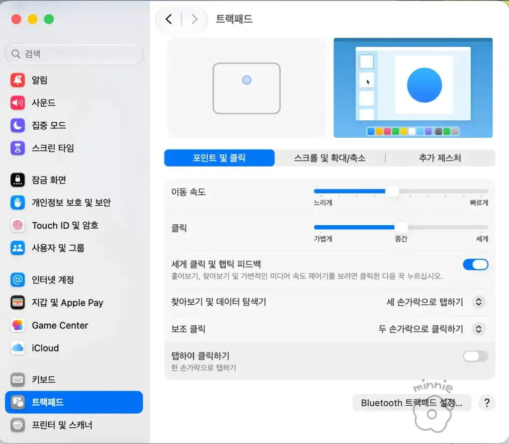 맥북 시스템 설정에서 트랙패드 클릭과 제스처를 조정하는 화면