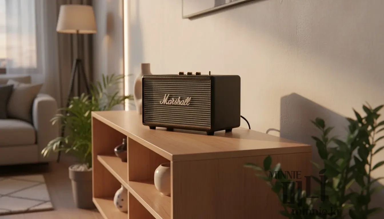 아파트 거실 원목 선반 위에 놓인 마샬 액톤 3 블루투스 스피커와 인테리어 화분, 창밖으로 보이는 아파트 배경