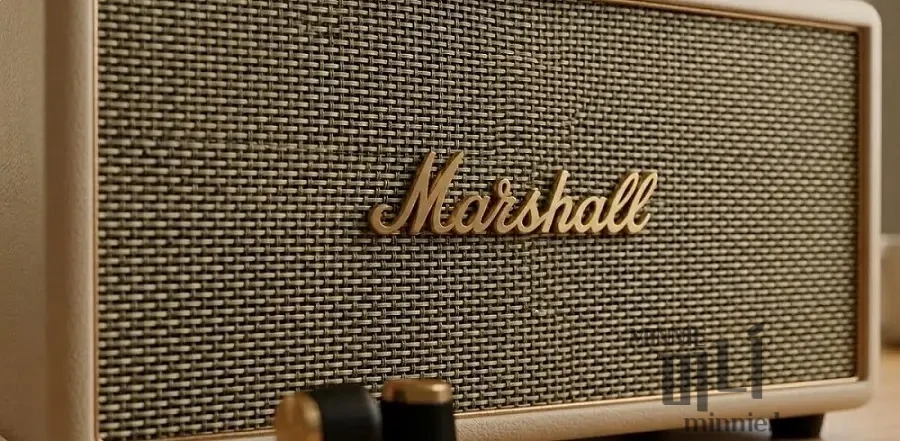 마샬 액톤3 블루투스 스피커의 아이코닉한 골드 스크립트 로고와 전면 그릴 디테일