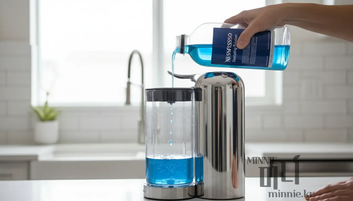 네스프레소 머신 물탱크에 파란색 디스케일링 전용 세정액을 붓고 있는 모습