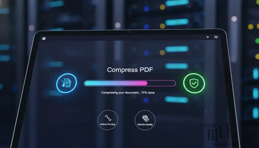 웹사이트에서 PDF 파일 용량을 압축하고 최적화하는 과정을 보여주는 디지털 인터페이스 화면