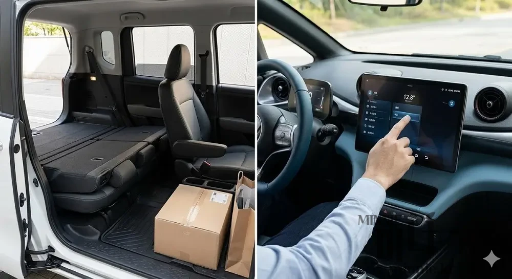 레이 EV의 광활한 폴딩 시트와 BYD 돌핀의 세련된 회전형 스크린 클로즈업