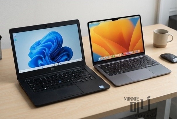 윈도우 노트북과 맥북 네오 실물 비교 및 운영체제 화면 대조