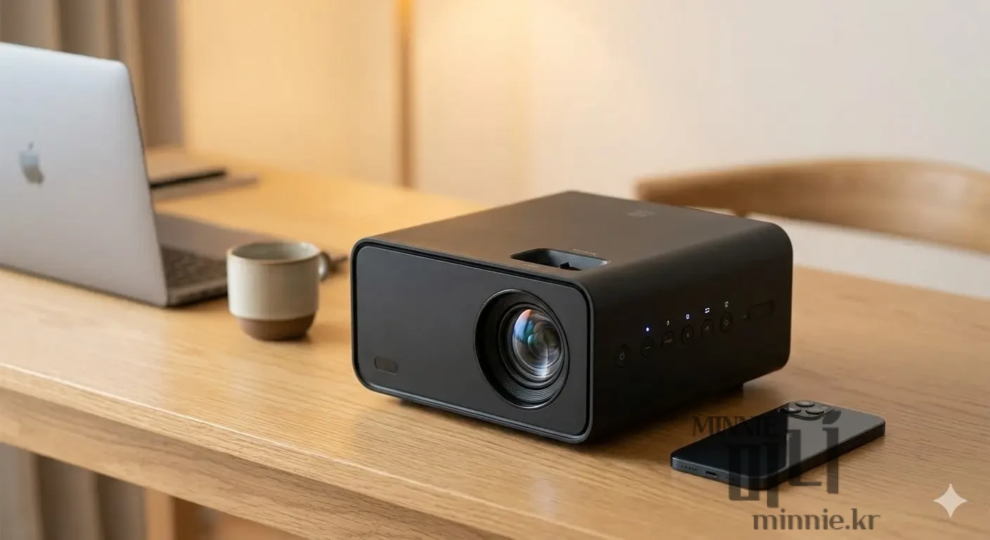 데스크 위에 놓인 제우스 C1000 빔프로젝트의 세련된 디자인과 측면 조작부 상세