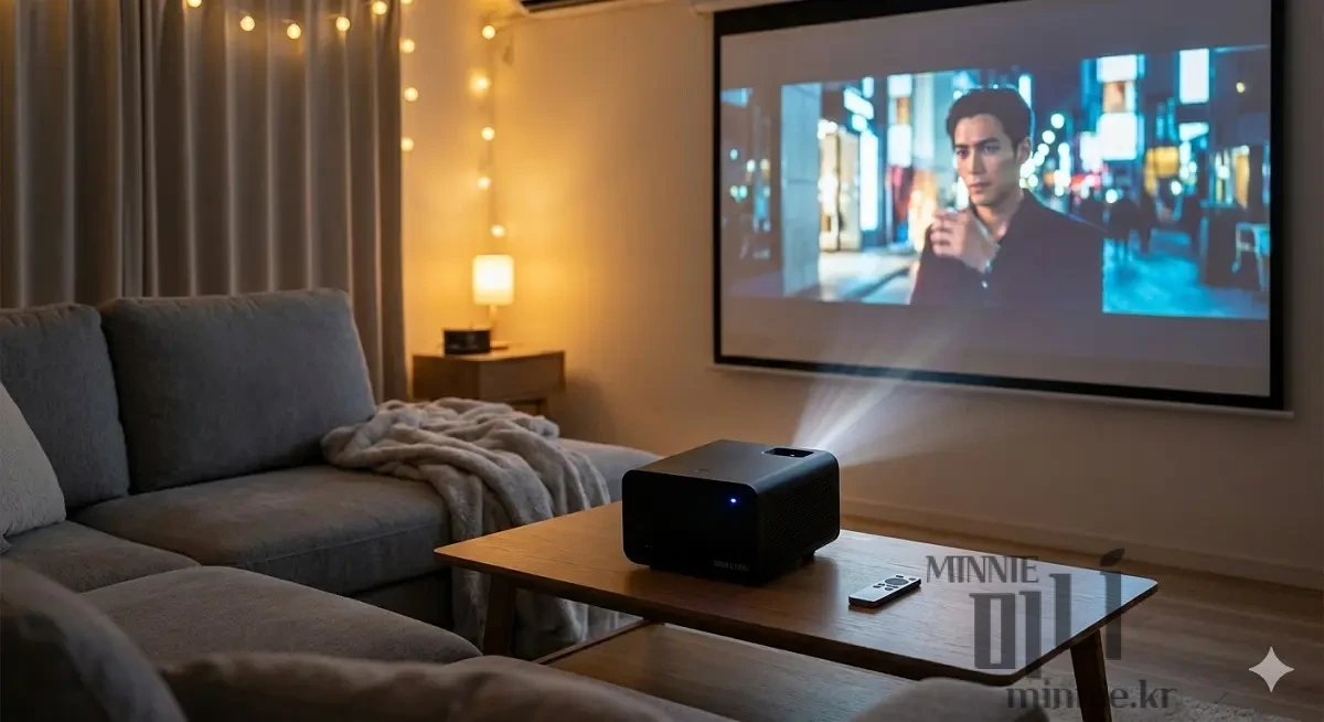 거실에서 대형 스크린에 영화를 투사하는 제우스 C1000 빔프로젝트 홈 시네마 구성