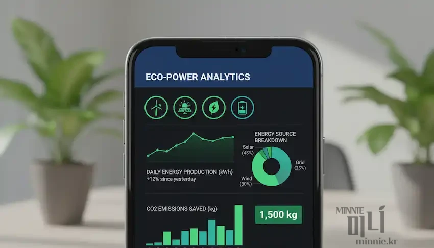 스마트폰 화면에 표시된 2026년 전기차 보조금 혜택에 따른 태양광 및 풍력 에너지 생산량과 이산화탄소 절감량 분석 대시보드