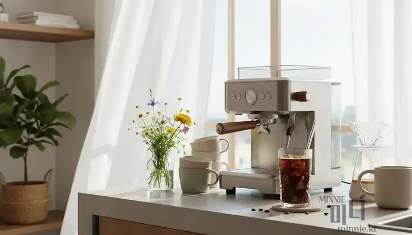 화이트 커튼이 있는 창가에 놓인 실버 색상의 세련된 커피 머신과 아이스 아메리카노 한 잔, 그리고 예쁜 꽃병