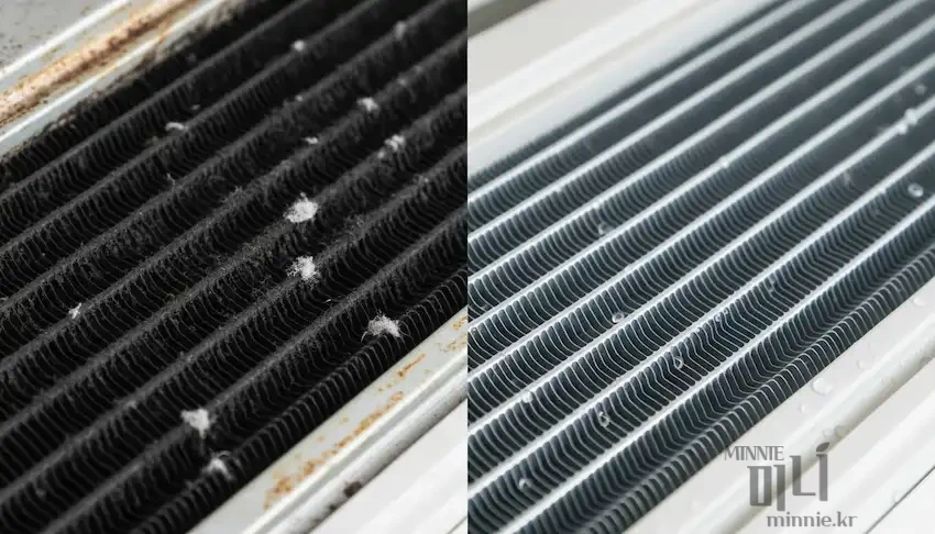 먼지와 곰팡이가 가득 낀 검은색 에어컨 냉각핀(왼쪽)과 전문 세척 후 깨끗해진 은색 냉각핀(오른쪽)의 비교 사진