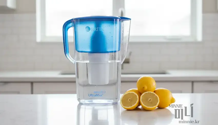밝고 깨끗한 주방 카운터 위에 놓인 파란색 브리타 정수기 본체와 신선한 레몬이 놓인 모습