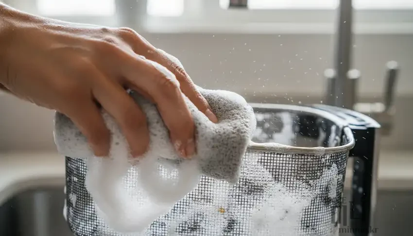 거품이 가득한 수세미를 이용해 에어프라이어 바스켓의 그물망(메쉬) 부분을 꼼꼼하게 문지르고 있는 손 클로즈업