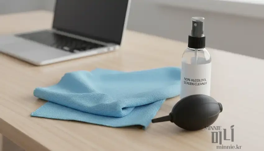 노트북 디스플레이 관리에 필요한 미세 먼지 제거용 에어 블로워와 극세사 타올 상세 사진