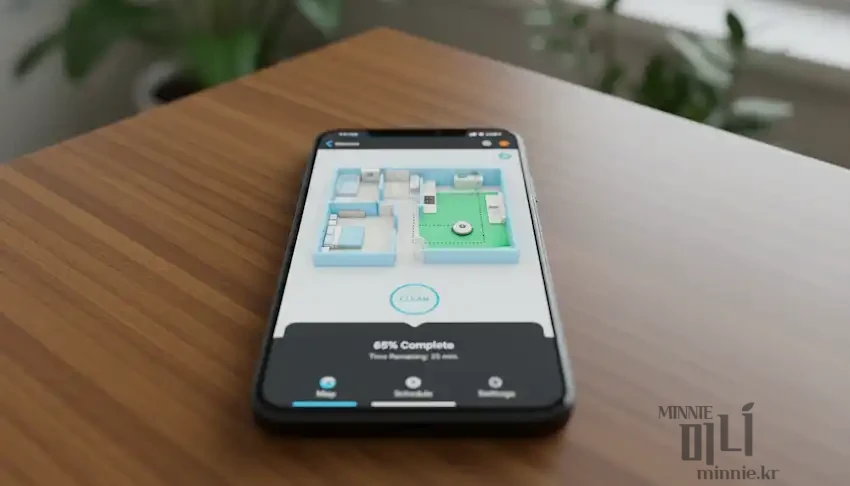 나무 책상 위에 놓인 스마트폰 화면에 집안의 3D 맵과 청소 경로, 완료율이 표시된 로봇청소기 제어 앱 실행 모습