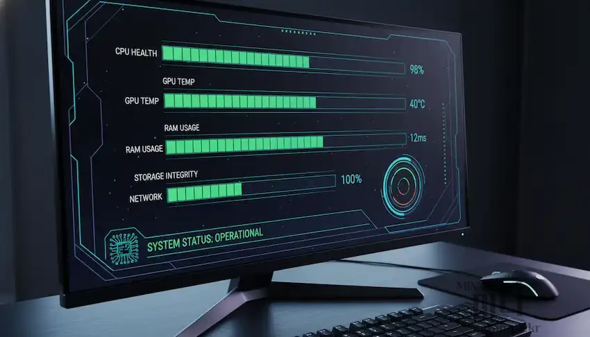 모니터 화면에 표시된 스토리지 무결성(Storage Integrity) 100% 및 시스템 상태 대시보드