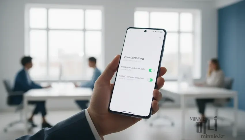 사용자가 손에 쥔 갤럭시 스마트폰 화면에 스팸 및 전화 차단 설정 메뉴가 켜져 있는 모습