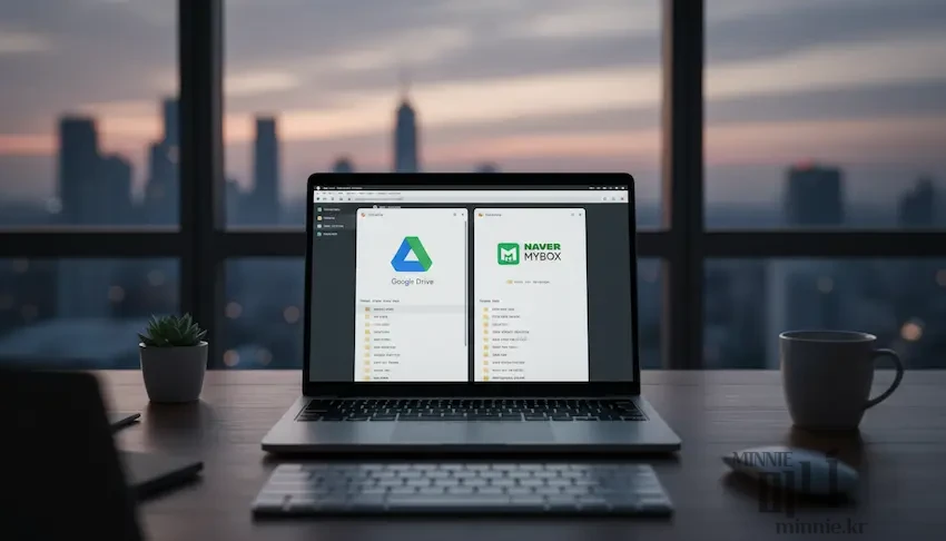 노트북 화면에 나란히 띄워진 구글 드라이브와 네이버 MYBOX의 웹 인터페이스 및 폴더 구조 비교 화면