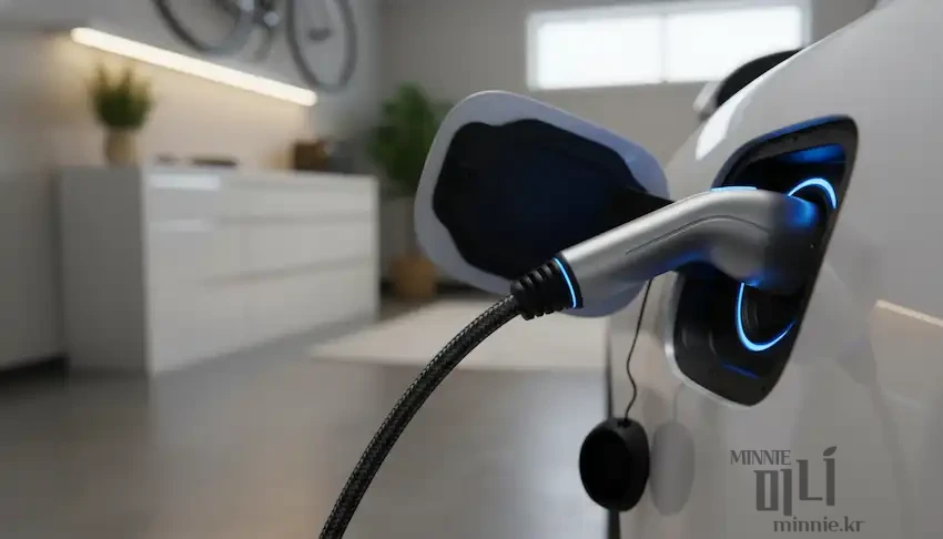 가정용 차고에서 충전 케이블이 연결되어 파란색 불빛을 내며 충전 중인 흰색 전기차의 충전구 근접 사진