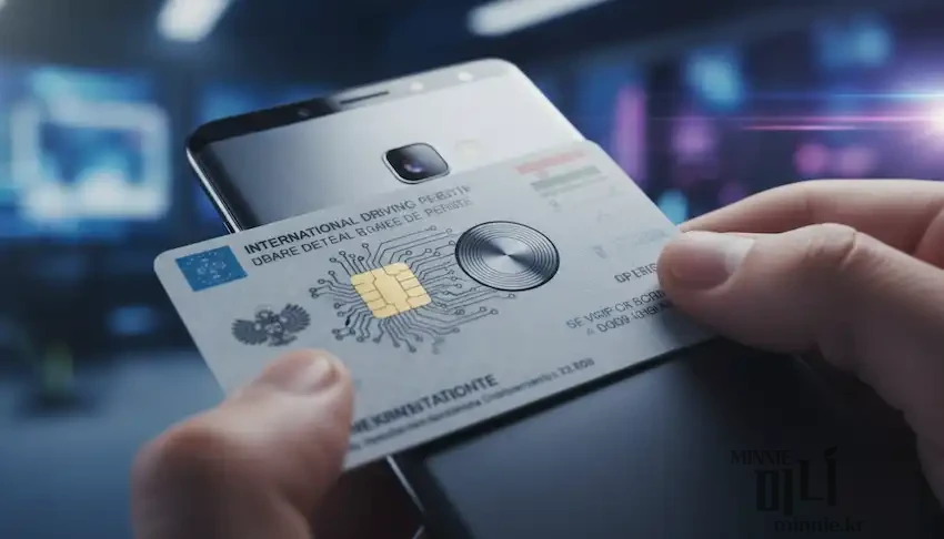 사용자가 IC 운전면허증을 스마트폰 뒷면 NFC 인식 부위에 밀착시켜 모바일 신분증 정보를 등록하는 모습