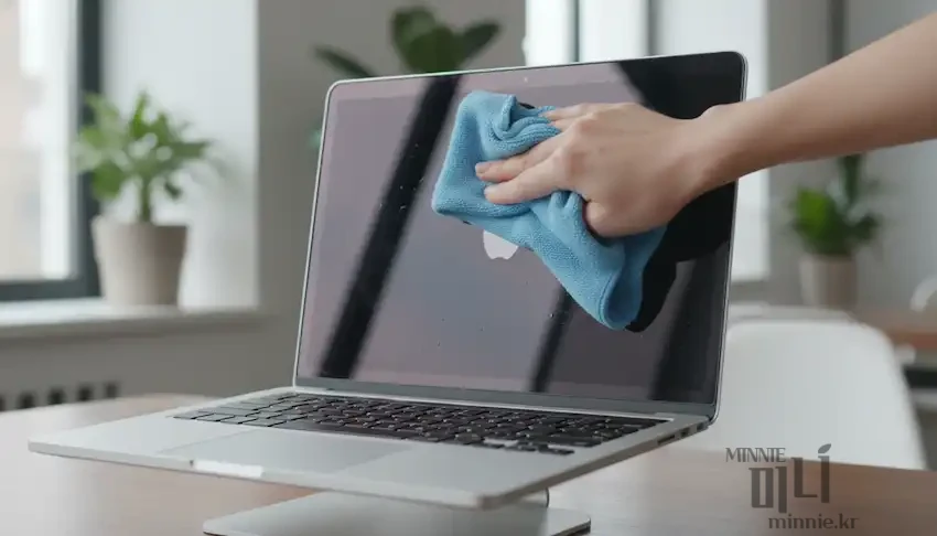 극세사 천을 이용해 맥북의 액정 화면을 조심스럽게 닦고 있는 모습