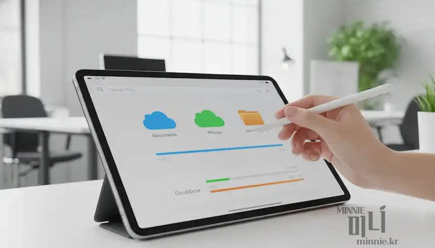 밝은 사무실 배경에서 아이패드 화면 속 도큐멘트와 사진 폴더, 그리고 클라우드 드라이브 용량 바를 애플 펜슬로 가리키고 있는 손