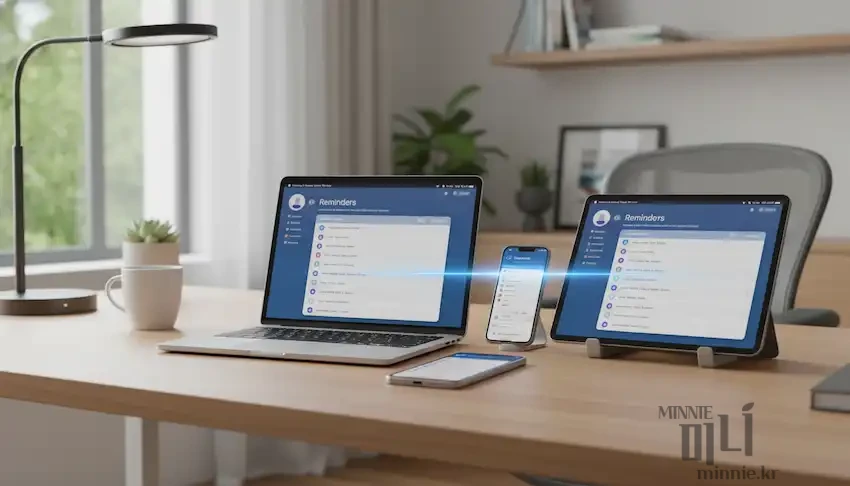 책상 위에 놓인 맥북, 아이폰, 아이패드가 미리알림 앱을 통해 서로 데이터가 실시간으로 동기화되고 있는 모습