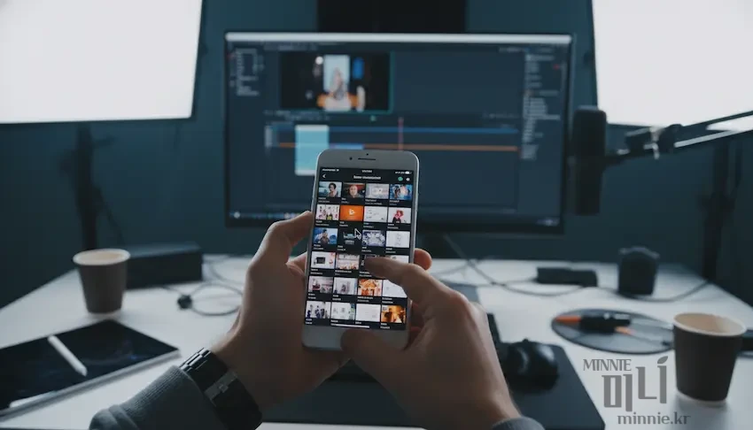 사용자가 아이폰 사진 앱 내에서 수많은 사진과 영상을 확인하며 불필요한 데이터를 정리하고 최적화하는 모습