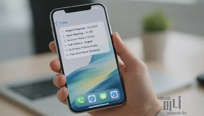 사용자가 손에 쥔 아이폰 화면에 오늘 해야 할 일 목록이 미리알림 앱 리스트로 깔끔하게 정리되어 있는 모습