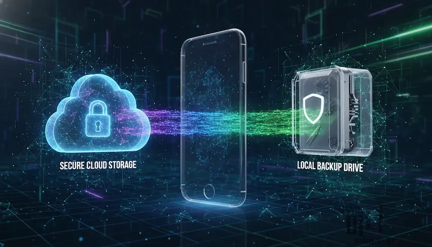 아이폰 데이터를 안전한 클라우드 저장소와 로컬 백업 드라이브에 이중으로 관리하여 기기 저장공간을 확보하는 기술적인 콘셉트 이미지