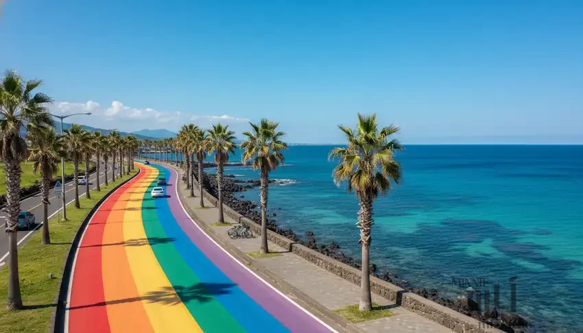 파란 제주 바다를 배경으로 알록달록한 무지개색 방호벽이 길게 이어진 도두동 해안도로 전경