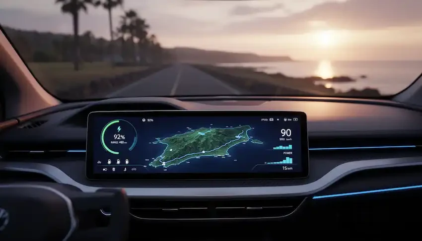 해 질 녘 해안 도로를 배경으로 한 전기차 운전석에서 바라본 파노라마 디스플레이에 제주도 전체 지도와 배터리 잔량 92%, 주행 가능 거리 정보가 표시된 화면