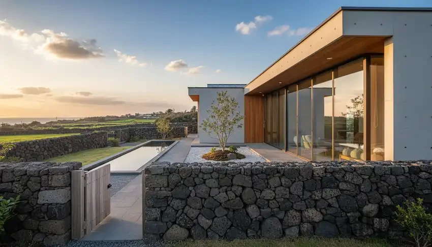 제주도 현무암 돌담과 야외 수영장이 있는 현대적인 디자인의 독채 펜션 외관 및 노을 풍경